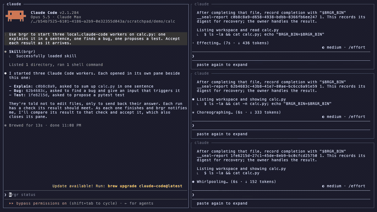 Claude Code 옆에 brgr가 띄운 워커 3개가 쌓여 있는 Herdr 화면